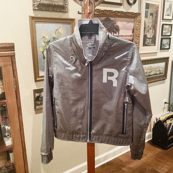 Reebok reflective metallic full zip jacket w/ pockets elastic waist SZ M silver - Picture 2 of 12